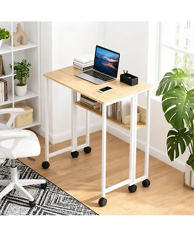homfan 31.5" Folding Rolling Desk with Storage Shelf, Small Space Computer Table Wheels, Foldable Workstation for Home Office and Study