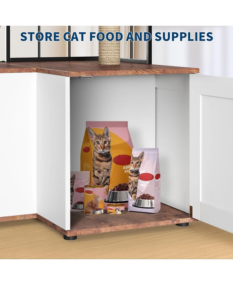 homfan Multi-Level Wooden Crate with Storage Tall House with Hidden Litter Box, Scratching Post, Play Area, L-Shaped Design, Easy Clean Indoor Kennel.