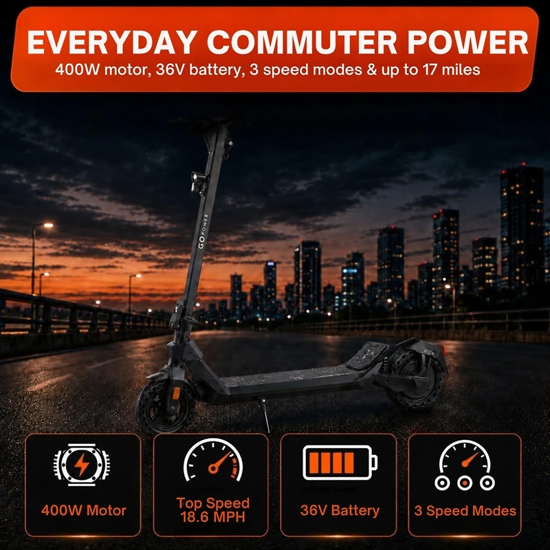 GoPowerBike GoOne Foldable Electric Scooter 18.6mph Max Speed & 400W Motor