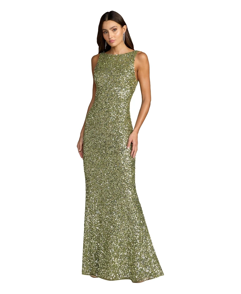 Mac Duggal Petite High Neck Sequin Column Gown with Open Back