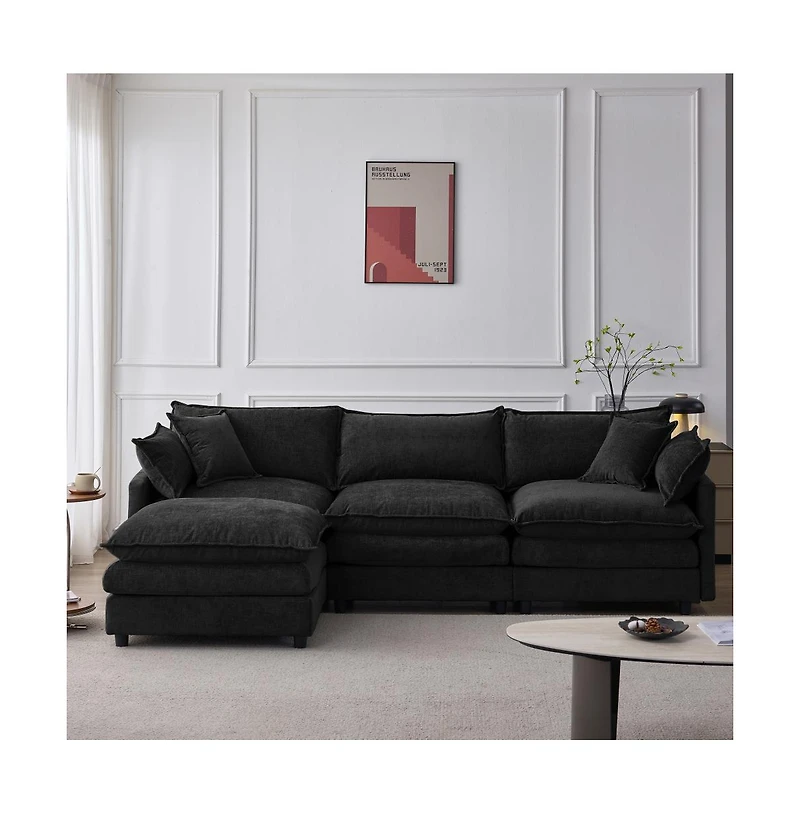 Rainsken 3 Seater L-Shaped Modular Sofa With Footstool, Upholstered Soft Chenille Fabric Sofa
