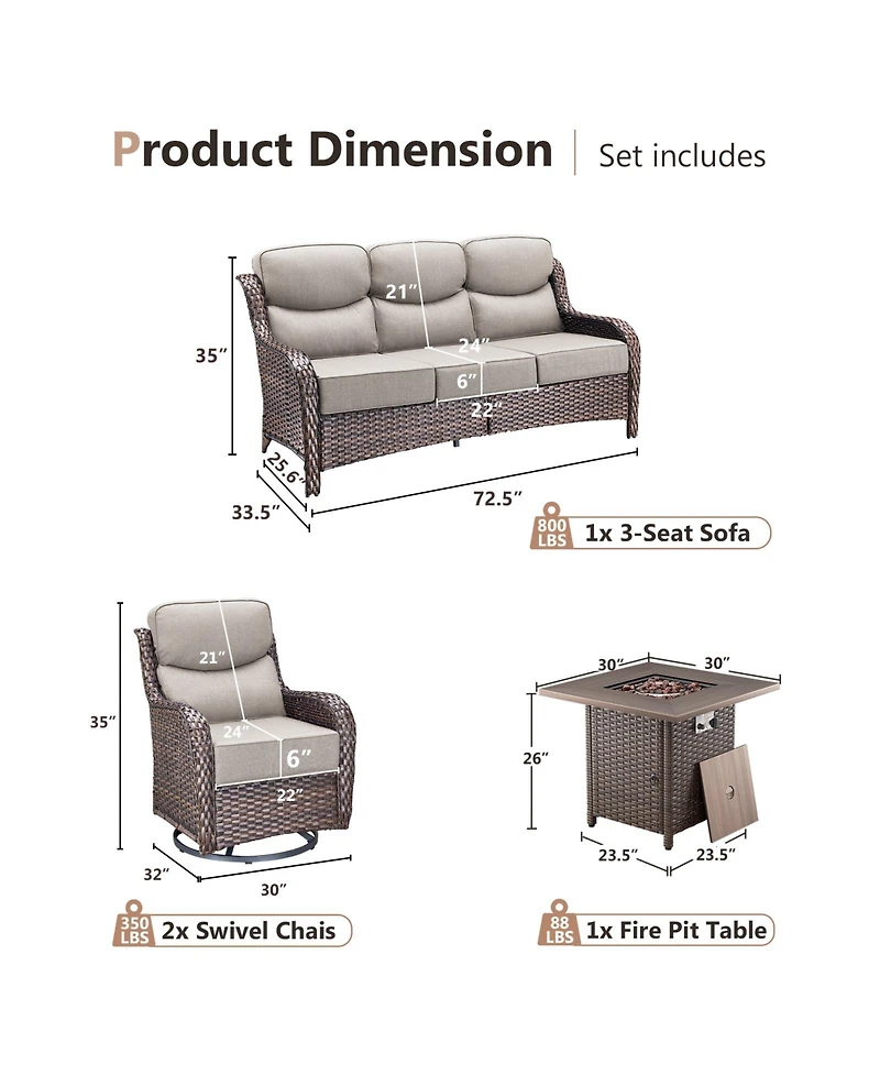 Pocassy 4 Piece Outdoor Patio Furniture Sets with Fire Pit Table,Wicker Sectional Sofa Swivel Chairs,6 Inch Thick Cushion