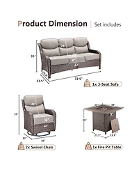 Pocassy 4 Piece Outdoor Patio Furniture Sets with Fire Pit Table,Wicker Sectional Sofa Swivel Chairs,6 Inch Thick Cushion