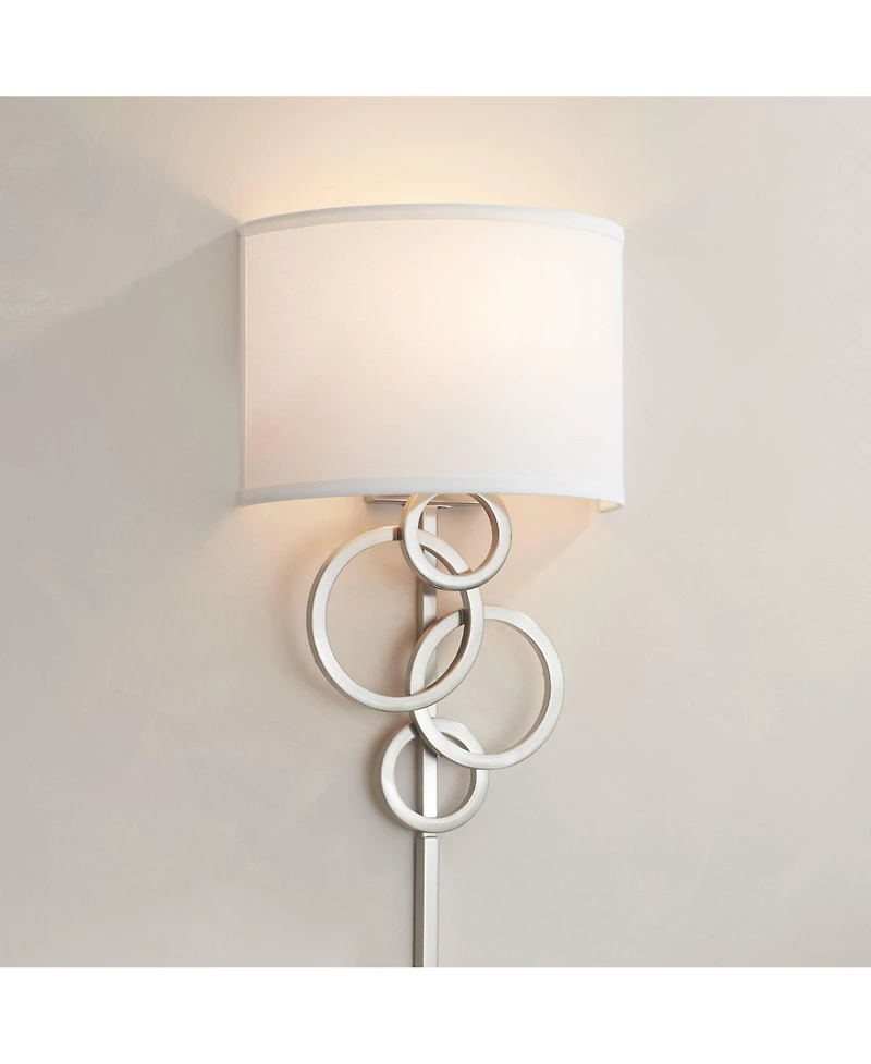 Possini Euro Design Modern Wall Lamp Brushed Nickel Plug-In Fixture Cotton Half Drum Shade for Bedroom Bathroom Vanity Reading