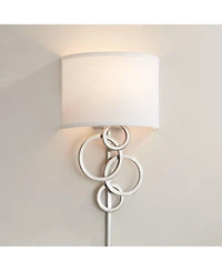 Possini Euro Design Modern Wall Lamp Brushed Nickel Plug-In Fixture Cotton Half Drum Shade for Bedroom Bathroom Vanity Reading