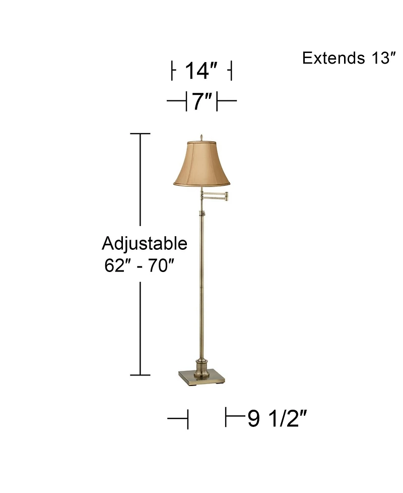 360 Lighting Traditional Swing Arm Floor Lamp Adjustable Height 70" Tall Antique Brass Tan Bell Shade Brown Trim for Living Room Reading