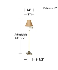360 Lighting Traditional Swing Arm Floor Lamp Adjustable Height 70" Tall Antique Brass Tan Bell Shade Brown Trim for Living Room Reading