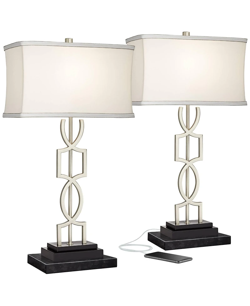 360 Lighting Evan Modern Table Lamps Set of 2 with Black Risers 28 1/2" Tall Brushed Nickel with Usb Charging Port White Shade for Bedroom Living Room