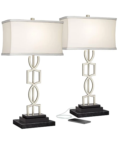 360 Lighting Evan Modern Table Lamps Set of 2 with Black Risers 28 1/2" Tall Brushed Nickel with Usb Charging Port White Shade for Bedroom Living Room