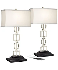 360 Lighting Evan Modern Table Lamps Set of 2 with Black Risers 28 1/2" Tall Brushed Nickel with Usb Charging Port White Shade for Bedroom Living Room