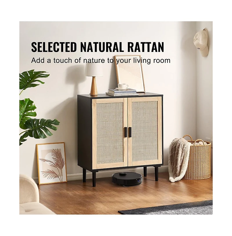 Sugift Rattan Storage Cabinet with Two Magnetic Doors and Adjustable Shelves
