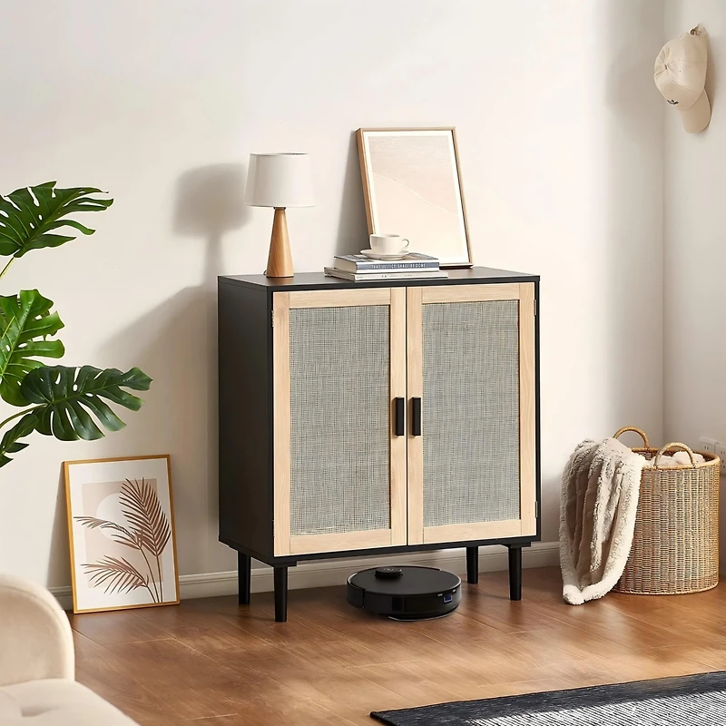 Sugift Rattan Storage Cabinet with Two Magnetic Doors and Adjustable Shelves