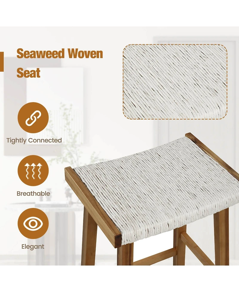 Costway Set of 2 25.5" Dining Saddle Stool Counter Height Seaweed Woven Seat Solid Wood