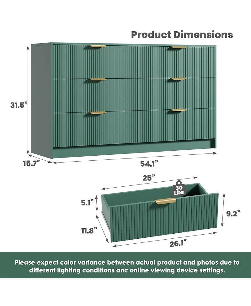 gaomon Fluted 6 Drawers Dresser For Bedroom, Wide Modern Chest of with Metal Handles, Living Room, Entryway, Hallway