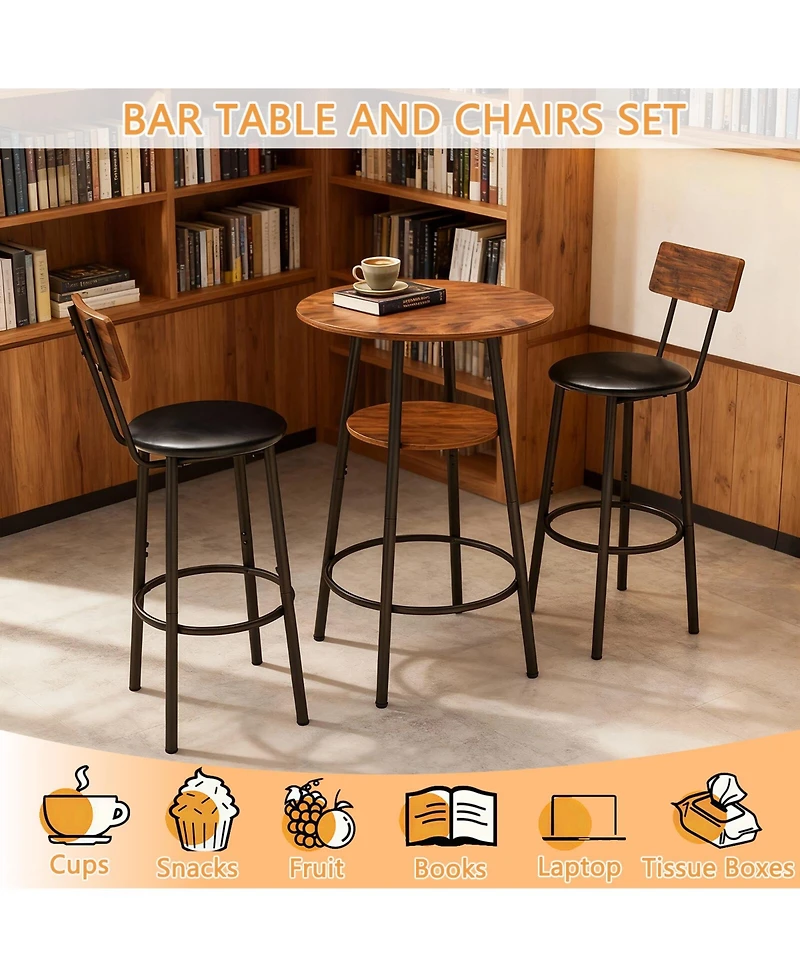 Flynama 3-Piece Round Bar Table Set with 2-Tier Storage and Pu Stools for Small Corner
