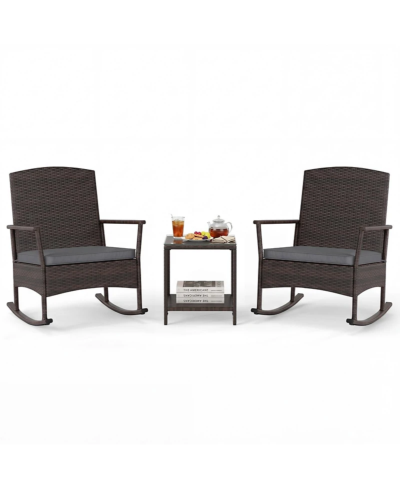 Gymax 3 Piece Patio Rocking Bistro Set 2 Rattan Armchairs w/ 2-Tier Side Table