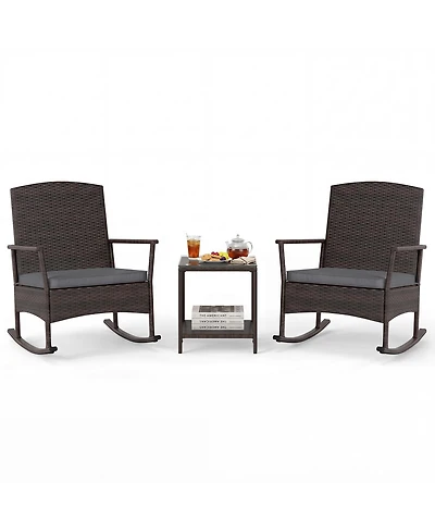 Gymax 3 Piece Patio Rocking Bistro Set 2 Rattan Armchairs w/ 2-Tier Side Table