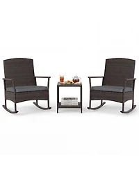 Gymax 3 Piece Patio Rocking Bistro Set 2 Rattan Armchairs w/ 2-Tier Side Table