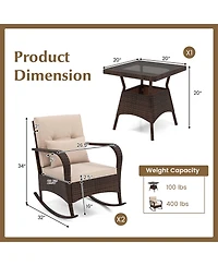 Gymax 3Pieces Outdoor Rocking Set Rattan Rocker Chairs w/ Tempered Glass Coffee Table Wicker Rocker Set