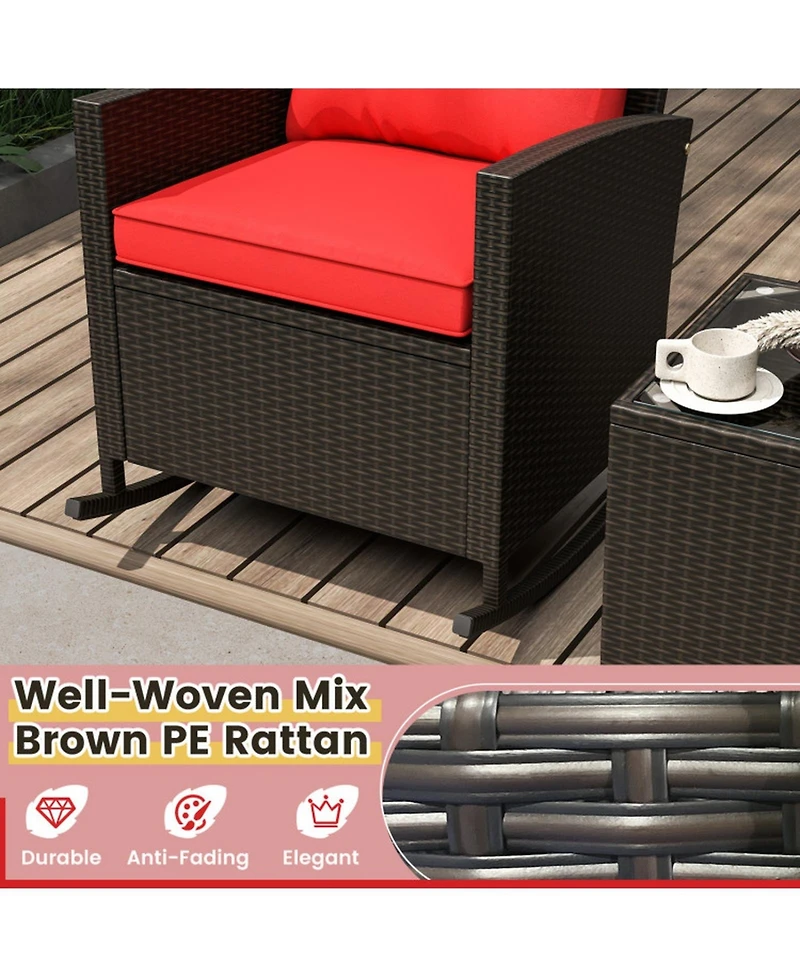 Sugift 3-Piece Patio Rattan Rocker Chair Set with Tempered Glass Side Table and Cushions