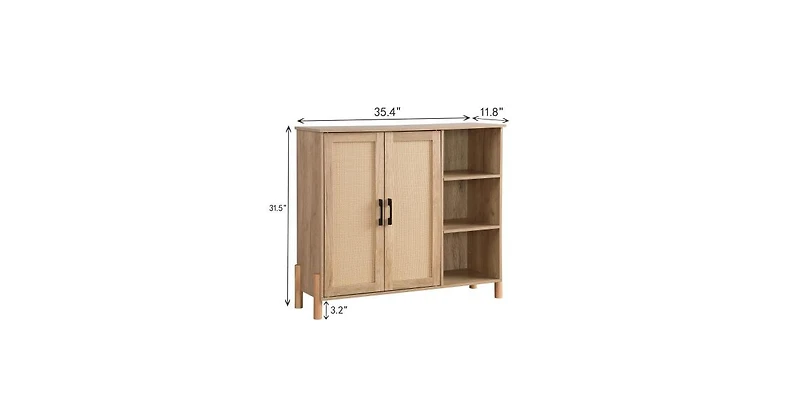 Flynama Mid Century Rattan Storage Cabinet with Open Shelves