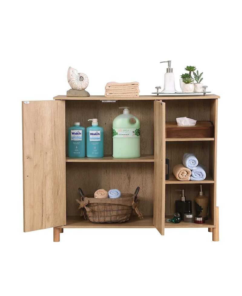 Flynama Mid Century Rattan Storage Cabinet with Open Shelves