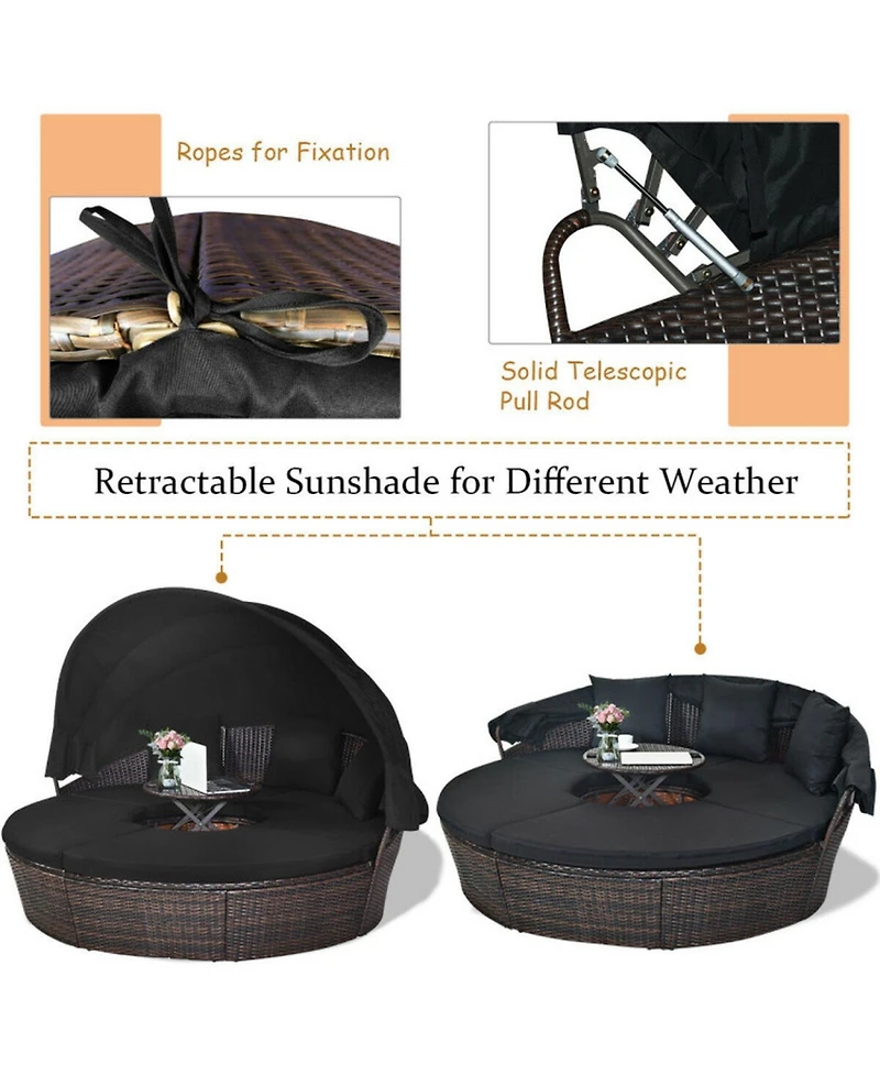 Sugift Patio Round Rattan Daybed with Retractable Canopy and Height Adjustable Coffee Table