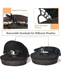 Sugift Patio Round Rattan Daybed with Retractable Canopy and Height Adjustable Coffee Table
