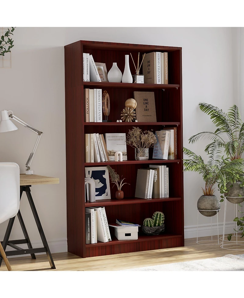 Flynama 60 Inch Tall 5-Shelf Adjustable Cherry Wood Bedroom Bookcase
