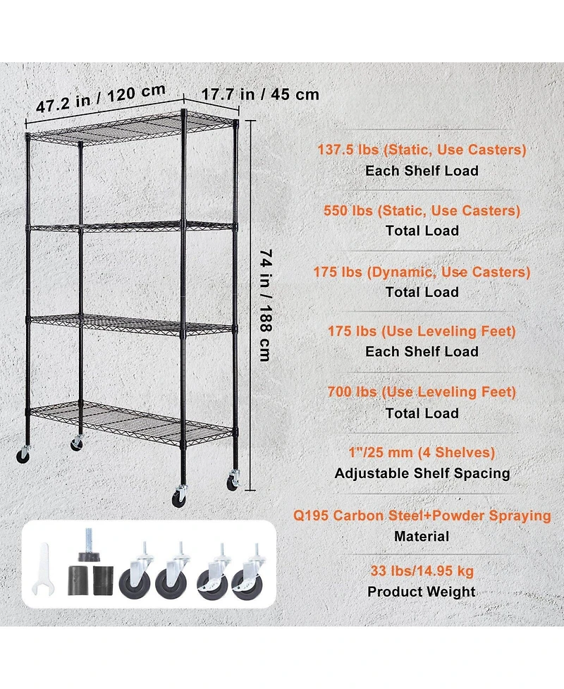 Mecale 4-Tier Storage Shelving Unit with Wheels, Adjustable, 700-Lb Capacity