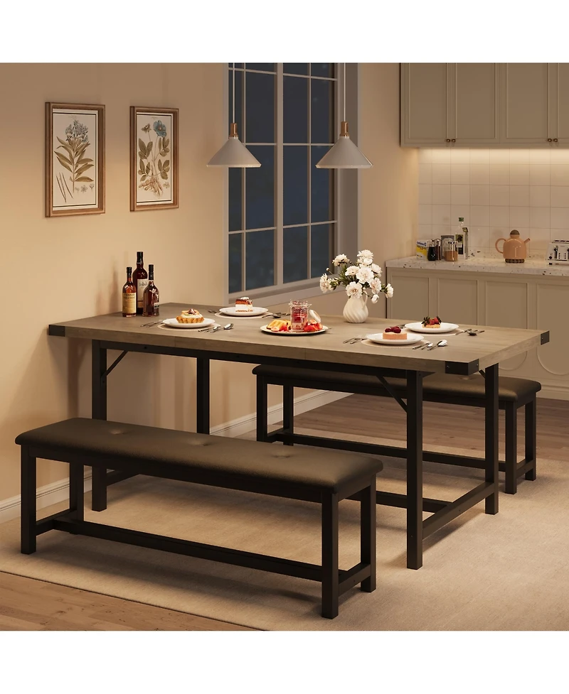 homfan 3 Piece Extendable Dining Set, Sturdy Engineered Wood Table with Padded Benches, Space Saving Multi scene Home Dining Furniture