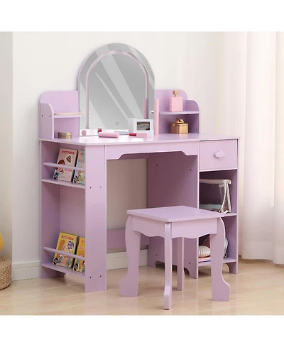 gaomon 2-in-1 Kids Vanity Set, Lighted Mirror Table with Stool, Bookshelf and Makeup Palette Kit