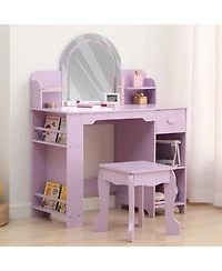 gaomon 2-in-1 Kids Vanity Set, Lighted Mirror Table with Stool, Bookshelf and Makeup Palette Kit