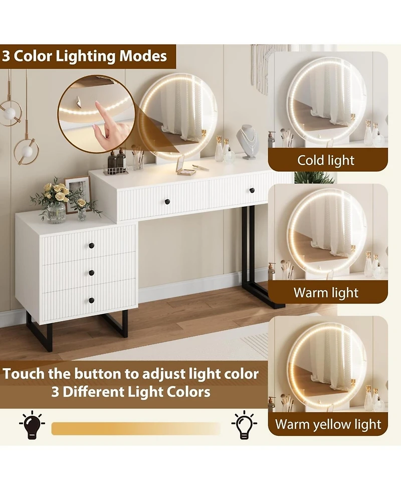 gaomon 5-Drawer Lighted Mirror Vanity, Roomy Makeup Desk for Bedroom Storage