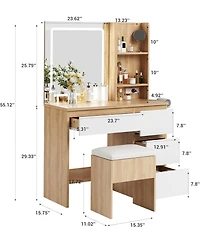 gaomon Wood 4-Drawer Led Vanity Set, Makeup Desk with Power Outlet, Mirror and Stool