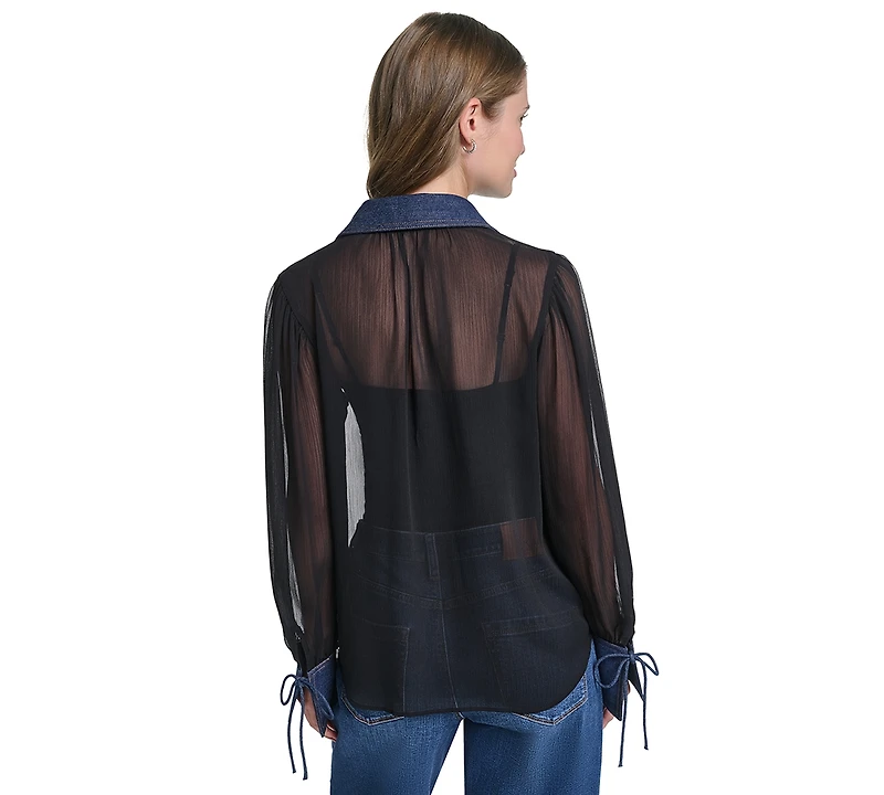 Karl Lagerfeld Paris Petite Collared Button-Front Blouse