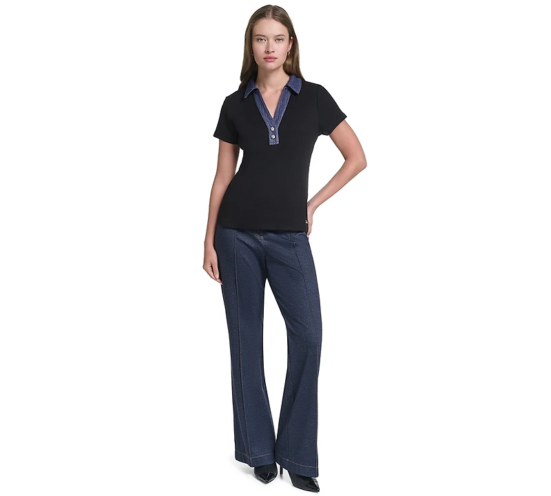 Karl Lagerfeld Paris Petite Collared Short-Sleeve Pull-On Top
