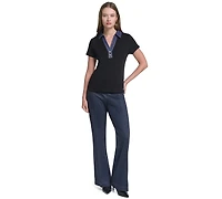 Karl Lagerfeld Paris Petite Collared Short-Sleeve Pull-On Top