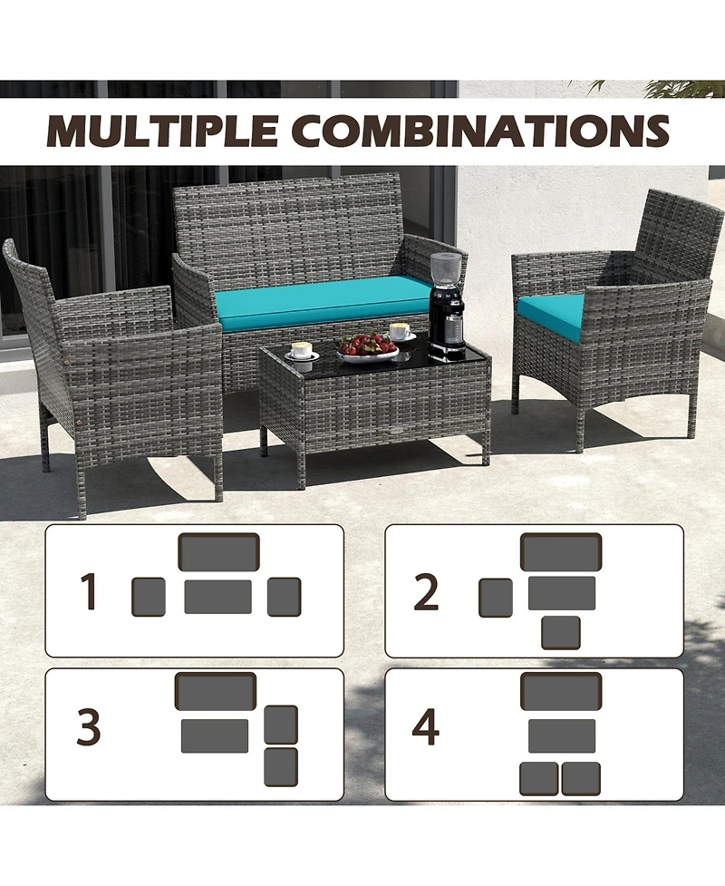 Sugift 4 Pieces Patio Rattan Conversation Set with Tempered Glass Coffee Table
