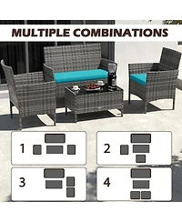 Sugift 4 Pieces Patio Rattan Conversation Set with Tempered Glass Coffee Table