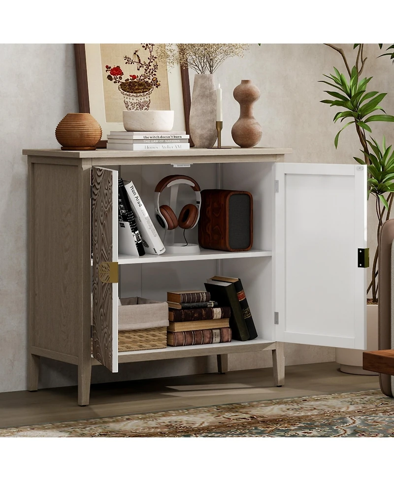Flynama American Style 2-Door Wooden Storage Cabinet Relief Pattern Cabinet with Adjustable Layer Anti-Dumping Design