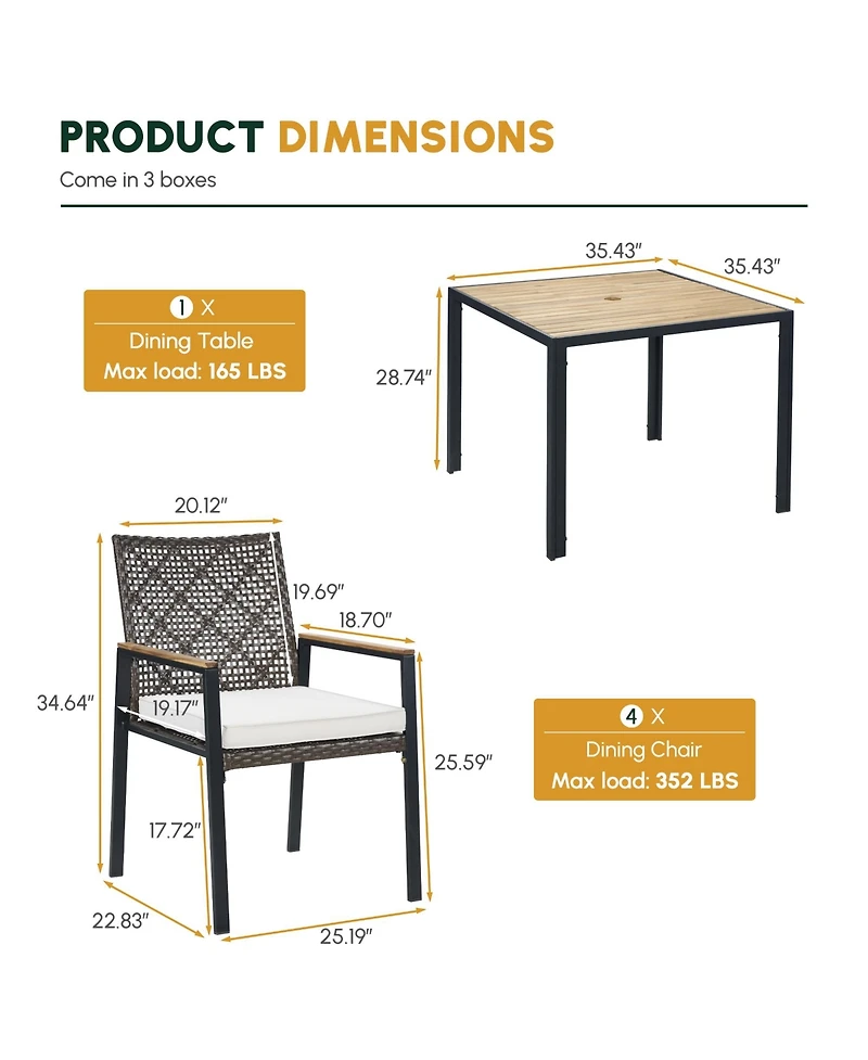Clihome 5 Piece Outdoor Patio Dining Set Coffee Pe Rattan Chair with Acacia Wood Table Top with Umbrella Hole