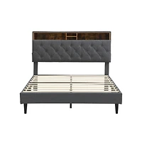 Lucky One Queen Size Platform Bed Frame with Usb Outlet and Storage Compartments, Heavy Duty Metal Slats, No Box Spring Needed