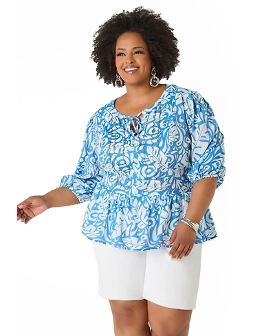 Ashley Stewart Plus Beaded Leaf Print Peplum Women's Blouse