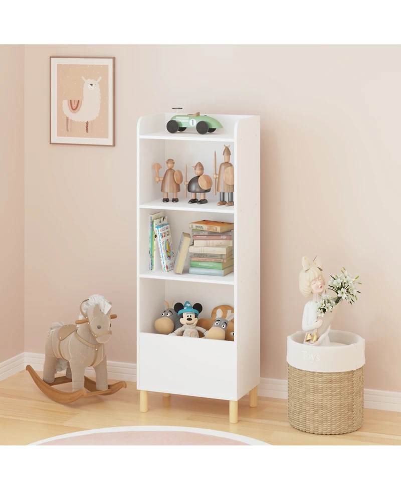 Flynama Kids 4-Tier Bookcase and Toy Storage Organizer with Pine Legs