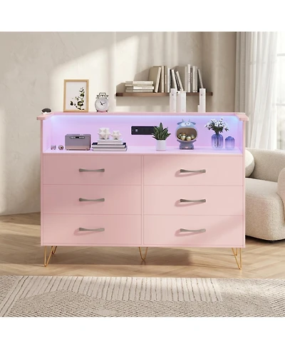 homfan 6-Drawer Dresser for Bedroom with Led Lights and Built-In Outlets, Engineered Wood and Metal Frame
