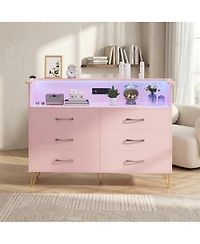 homfan 6-Drawer Dresser for Bedroom with Led Lights and Built-In Outlets, Engineered Wood and Metal Frame