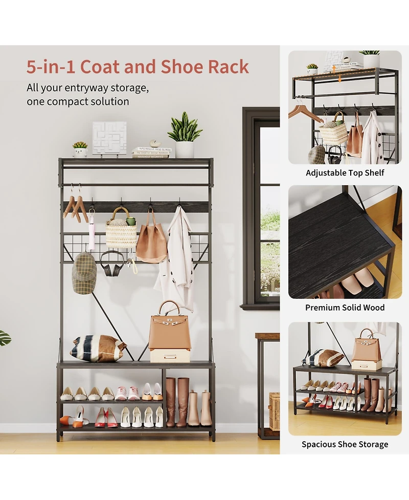 homfan Freestanding Clothes Rack, 72 Inch Metal and Wood Hall Tree with Hanging Rod Shoe Storage for Entryway