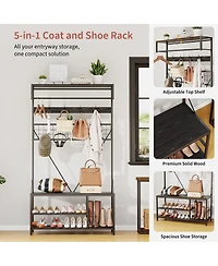 homfan Freestanding Clothes Rack, 72 Inch Metal and Wood Hall Tree with Hanging Rod Shoe Storage for Entryway