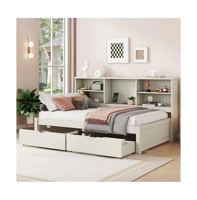 Lucky One Twin Size Bed Frame with Side Bookshelves, 2 Drawers, Built-in Usb and Type-c Ports, No Box Spring Needed